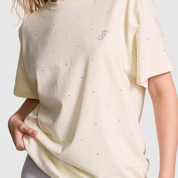Victoria's Secret PINK Campus Cotton Bling T-Shirt 2024 Cream XXL - Picture 1 of 8